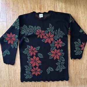 VTG Holiday Time Black Poinsettia Metallic Christmas Sweater Womens Size M